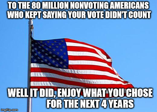 American flag | TO THE 80 MILLION NONVOTING AMERICANS WHO KEPT SAYING YOUR VOTE DIDN'T COUNT; WELL IT DID, ENJOY WHAT YOU CHOSE             FOR THE NEXT 4 YEARS | image tagged in american flag | made w/ Imgflip meme maker