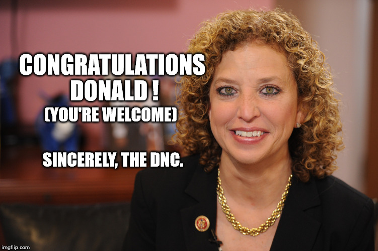 Congratulations Dumbass! | CONGRATULATIONS DONALD ! (YOU'RE WELCOME); SINCERELY, THE DNC. | image tagged in democrats,republicans | made w/ Imgflip meme maker