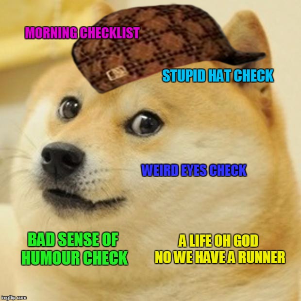 Doge Meme | MORNING CHECKLIST; STUPID HAT CHECK; WEIRD EYES CHECK; A LIFE OH GOD NO WE HAVE A RUNNER; BAD SENSE OF HUMOUR CHECK | image tagged in memes,doge,scumbag | made w/ Imgflip meme maker