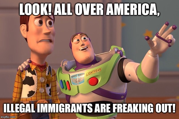 ILLEGAL immigrants  | LOOK! ALL OVER AMERICA, ILLEGAL IMMIGRANTS ARE FREAKING OUT! | image tagged in illegal immigration | made w/ Imgflip meme maker