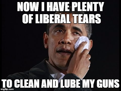 Gotta Catch 'em All | NOW I HAVE PLENTY OF LIBERAL TEARS; TO CLEAN AND LUBE MY GUNS | image tagged in barackodile tears,memes,liberals,trump,second amendment | made w/ Imgflip meme maker