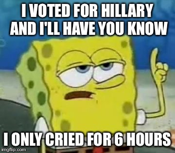 I'll Have You Know Spongebob Meme | I VOTED FOR HILLARY AND I'LL HAVE YOU KNOW; I ONLY CRIED FOR 6 HOURS | image tagged in memes,ill have you know spongebob | made w/ Imgflip meme maker