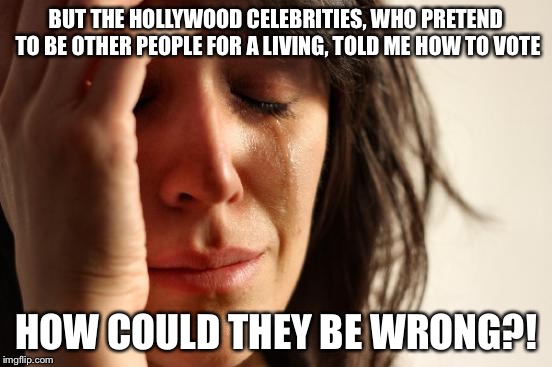 First World Problems Meme | BUT THE HOLLYWOOD CELEBRITIES, WHO PRETEND TO BE OTHER PEOPLE FOR A LIVING, TOLD ME HOW TO VOTE; HOW COULD THEY BE WRONG?! | image tagged in memes,first world problems | made w/ Imgflip meme maker