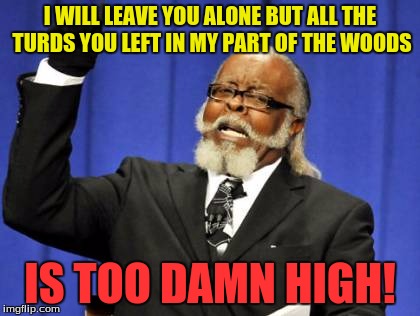 Too Damn High Meme | I WILL LEAVE YOU ALONE BUT ALL THE TURDS YOU LEFT IN MY PART OF THE WOODS IS TOO DAMN HIGH! | image tagged in memes,too damn high | made w/ Imgflip meme maker