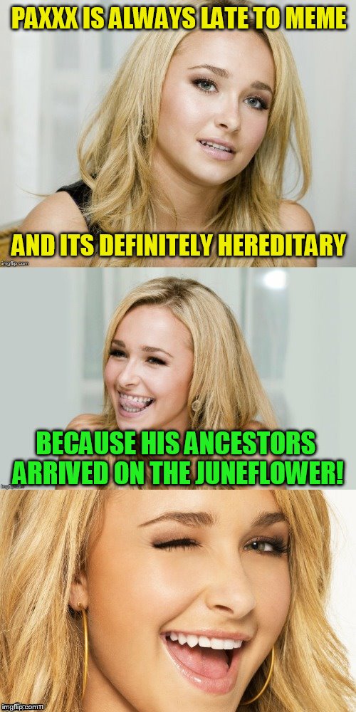 Use someone's USERNAME in your meme weekend! Friday - Sat Nov 11-12-13. Guidelines in comments! | PAXXX IS ALWAYS LATE TO MEME; AND ITS DEFINITELY HEREDITARY; BECAUSE HIS ANCESTORS ARRIVED ON THE JUNEFLOWER! | image tagged in bad pun hayden panettiere,use someones username in your meme,usernames,jokes,fun,funny memes | made w/ Imgflip meme maker