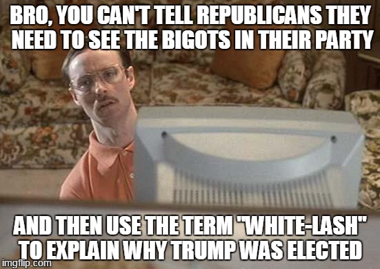 Come on, bro | BRO, YOU CAN'T TELL REPUBLICANS THEY NEED TO SEE THE BIGOTS IN THEIR PARTY; AND THEN USE THE TERM "WHITE-LASH" TO EXPLAIN WHY TRUMP WAS ELECTED | image tagged in napoleon dynamite bro,trump,whitelash,election2016,election,van jones | made w/ Imgflip meme maker