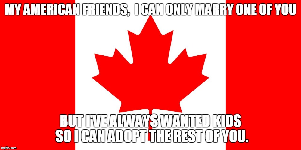 canada flag | MY AMERICAN FRIENDS,  I CAN ONLY MARRY ONE OF YOU; BUT I'VE ALWAYS WANTED KIDS SO I CAN ADOPT THE REST OF YOU. | image tagged in canada flag | made w/ Imgflip meme maker