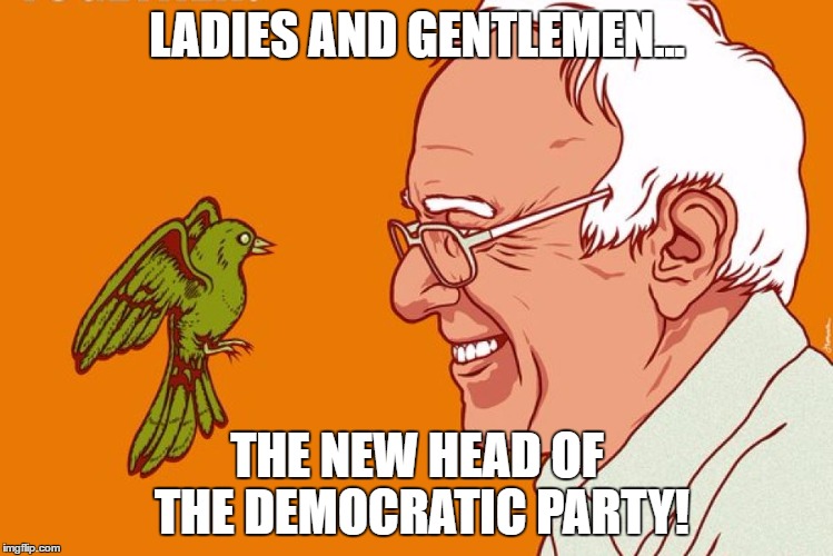 LADIES AND GENTLEMEN... THE NEW HEAD OF THE DEMOCRATIC PARTY! | image tagged in bernie sanders head of democratic party,bernie,sanders,bernie sanders,democrat,election | made w/ Imgflip meme maker