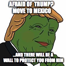 Pepe Trump | AFRAID OF  TRUMP? MOVE TO MEXICO; ...AND THERE WILL BE A WALL TO PROTECT YOU FROM HIM | image tagged in pepe trump | made w/ Imgflip meme maker