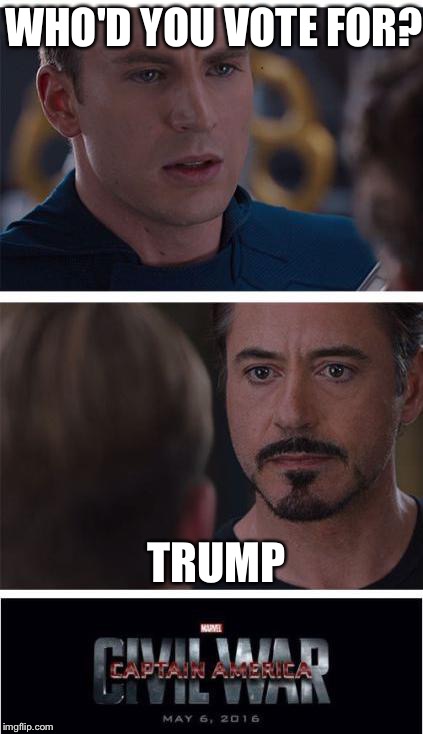 Marvel Civil War 1 Meme | WHO'D YOU VOTE FOR? TRUMP | image tagged in memes,marvel civil war 1 | made w/ Imgflip meme maker