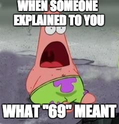 Suprised Patrick | WHEN SOMEONE EXPLAINED TO YOU; WHAT "69" MEANT | image tagged in suprised patrick | made w/ Imgflip meme maker