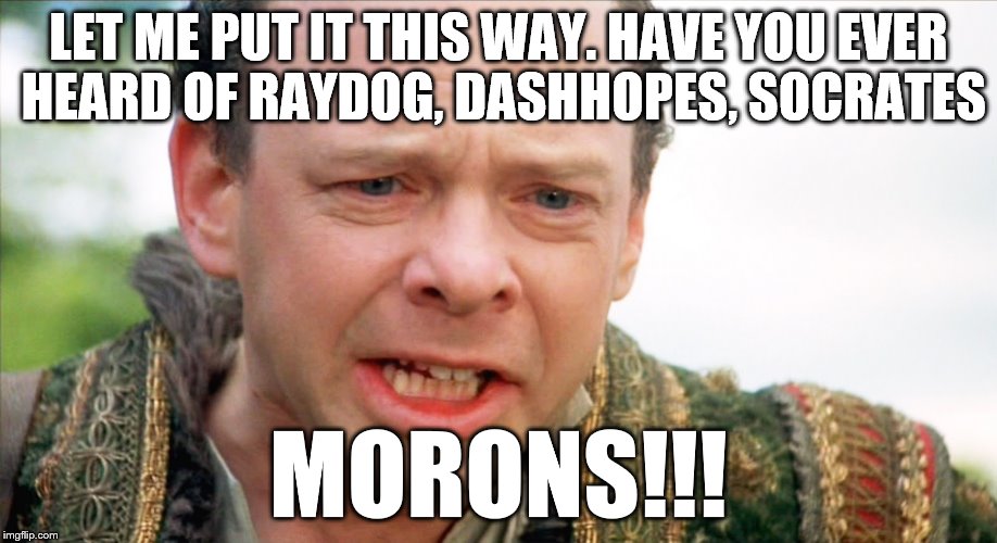 A little fun for "username" weekend. I love these guys :) | LET ME PUT IT THIS WAY. HAVE YOU EVER HEARD OF RAYDOG, DASHHOPES, SOCRATES; MORONS!!! | image tagged in memes,princess bride,socrates,dashhopes,raydog,they're smarter than the look | made w/ Imgflip meme maker