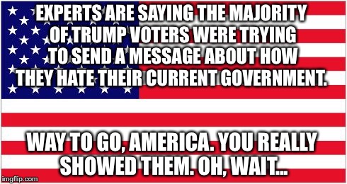 EXPERTS ARE SAYING THE MAJORITY OF TRUMP VOTERS WERE TRYING TO SEND A MESSAGE ABOUT HOW THEY HATE THEIR CURRENT GOVERNMENT. WAY TO GO, AMERICA. YOU REALLY SHOWED THEM. OH, WAIT... | image tagged in american flag | made w/ Imgflip meme maker