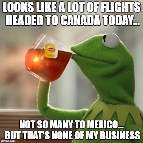 But That's None Of My Business Meme | LOOKS LIKE A LOT OF FLIGHTS HEADED TO CANADA TODAY... NOT SO MANY TO MEXICO... BUT THAT'S NONE OF MY BUSINESS | image tagged in memes,but thats none of my business,kermit the frog | made w/ Imgflip meme maker