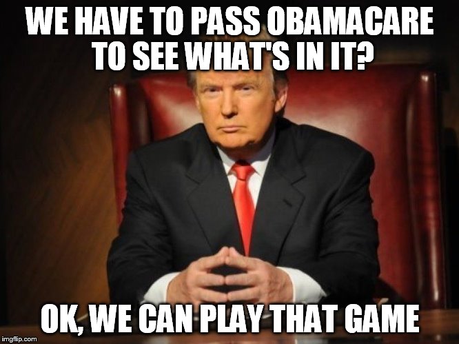 donald trump |  WE HAVE TO PASS OBAMACARE TO SEE WHAT'S IN IT? OK, WE CAN PLAY THAT GAME | image tagged in donald trump,obamacare,hillary clinton | made w/ Imgflip meme maker