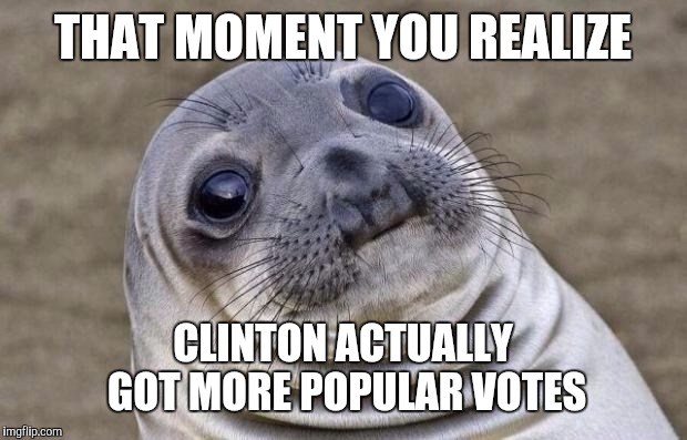 Awkward Moment Sealion Meme | THAT MOMENT YOU REALIZE; CLINTON ACTUALLY GOT MORE POPULAR VOTES | image tagged in memes,awkward moment sealion | made w/ Imgflip meme maker