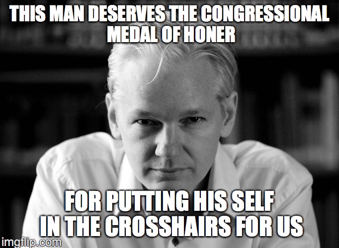 Julian Assange | THIS MAN DESERVES THE CONGRESSIONAL MEDAL OF HONER; FOR PUTTING HIS SELF IN THE CROSSHAIRS FOR US | image tagged in julian assange | made w/ Imgflip meme maker