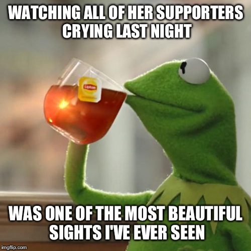 But That's None Of My Business Meme | WATCHING ALL OF HER SUPPORTERS CRYING LAST NIGHT WAS ONE OF THE MOST BEAUTIFUL SIGHTS I'VE EVER SEEN | image tagged in memes,but thats none of my business,kermit the frog | made w/ Imgflip meme maker