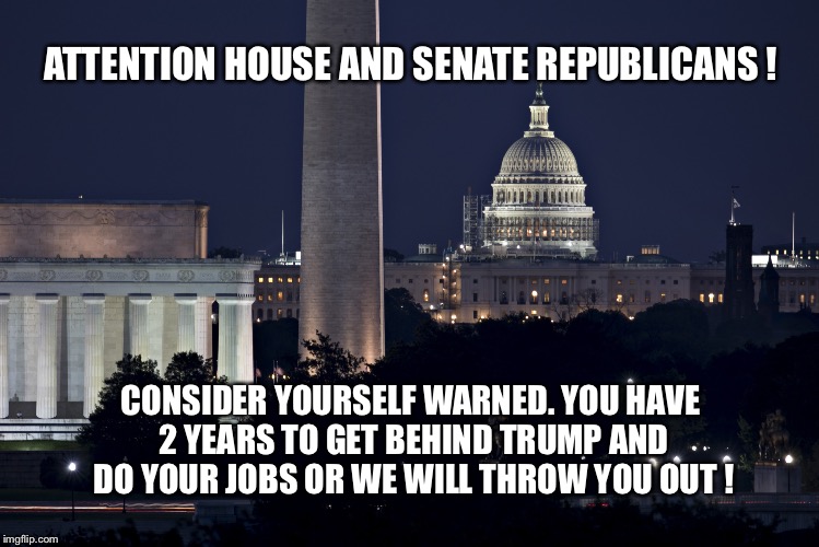 Senate house republicans | ATTENTION HOUSE AND SENATE REPUBLICANS ! CONSIDER YOURSELF WARNED. YOU HAVE 2 YEARS TO GET BEHIND TRUMP AND DO YOUR JOBS OR WE WILL THROW YOU OUT ! | image tagged in house,white house,senate,republicans | made w/ Imgflip meme maker