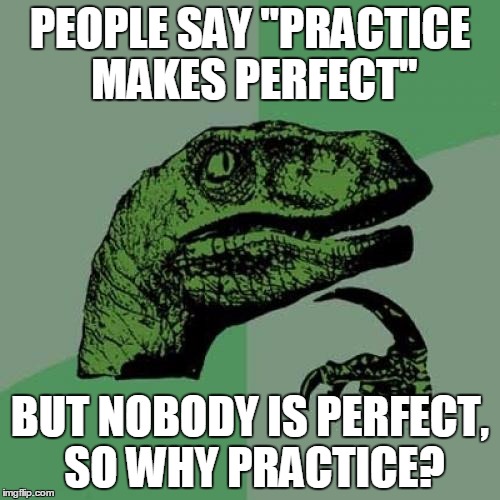 Philosoraptor | PEOPLE SAY "PRACTICE MAKES PERFECT"; BUT NOBODY IS PERFECT, SO WHY PRACTICE? | image tagged in memes,philosoraptor | made w/ Imgflip meme maker