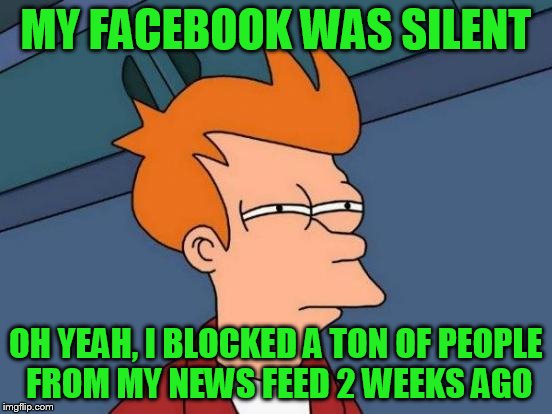 Futurama Fry Meme | MY FACEBOOK WAS SILENT OH YEAH, I BLOCKED A TON OF PEOPLE FROM MY NEWS FEED 2 WEEKS AGO | image tagged in memes,futurama fry | made w/ Imgflip meme maker