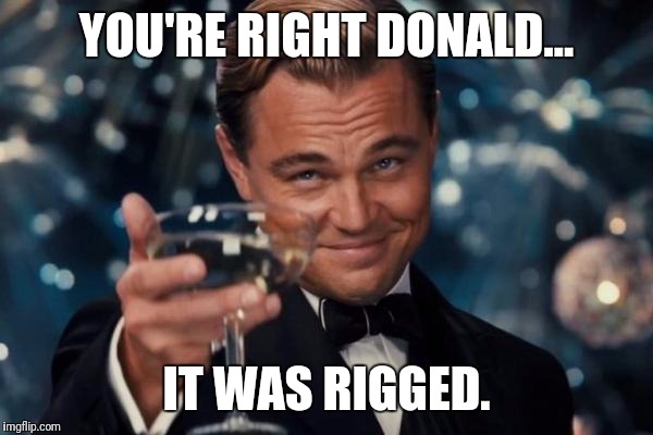 Leonardo Dicaprio Cheers Meme | YOU'RE RIGHT DONALD... IT WAS RIGGED. | image tagged in memes,leonardo dicaprio cheers | made w/ Imgflip meme maker