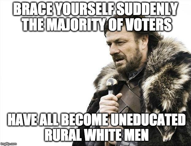 Or MAYBE we were sick of politics and usual.  | BRACE YOURSELF SUDDENLY THE MAJORITY OF VOTERS; HAVE ALL BECOME UNEDUCATED RURAL WHITE MEN | image tagged in brace yourselves x is coming,hillary clinton,donald trump,college liberal,basket of deplorables,bacon | made w/ Imgflip meme maker