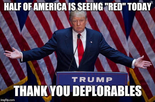 Donald Trump | HALF OF AMERICA IS SEEING "RED" TODAY; THANK YOU DEPLORABLES | image tagged in donald trump | made w/ Imgflip meme maker
