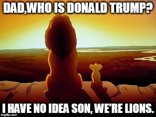 Lion King | DAD,WHO IS DONALD TRUMP? I HAVE NO IDEA SON, WE'RE LIONS. | image tagged in memes,lion king | made w/ Imgflip meme maker