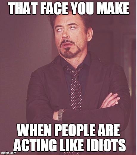 Face You Make Robert Downey Jr Meme | THAT FACE YOU MAKE; WHEN PEOPLE ARE ACTING LIKE IDIOTS | image tagged in memes,face you make robert downey jr | made w/ Imgflip meme maker