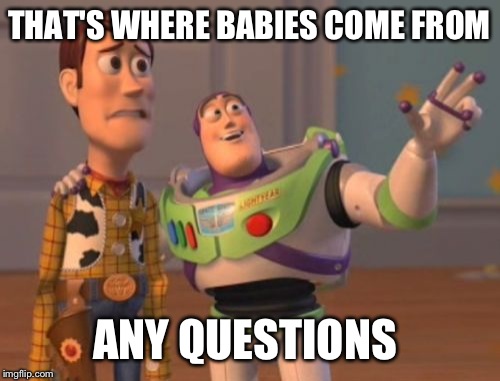 X, X Everywhere | THAT'S WHERE BABIES COME FROM; ANY QUESTIONS | image tagged in memes,x x everywhere | made w/ Imgflip meme maker