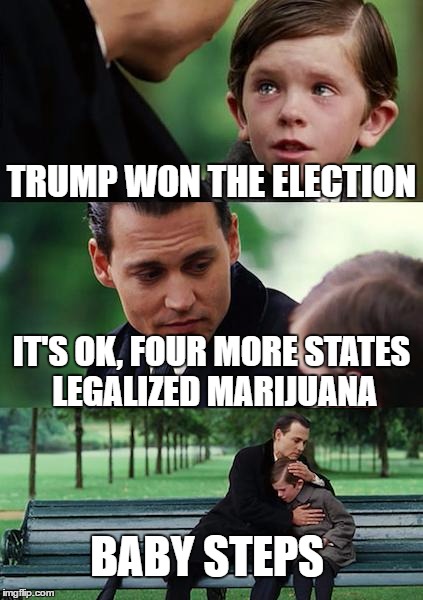 Finding Neverland | TRUMP WON THE ELECTION; IT'S OK, FOUR MORE STATES LEGALIZED MARIJUANA; BABY STEPS | image tagged in memes,finding neverland | made w/ Imgflip meme maker