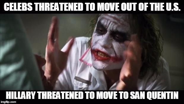 And everybody loses their minds | CELEBS THREATENED TO MOVE OUT OF THE U.S. HILLARY THREATENED TO MOVE TO SAN QUENTIN | image tagged in memes,and everybody loses their minds | made w/ Imgflip meme maker