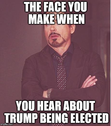 Face You Make Robert Downey Jr | THE FACE YOU MAKE WHEN; YOU HEAR ABOUT TRUMP BEING ELECTED | image tagged in memes,face you make robert downey jr | made w/ Imgflip meme maker