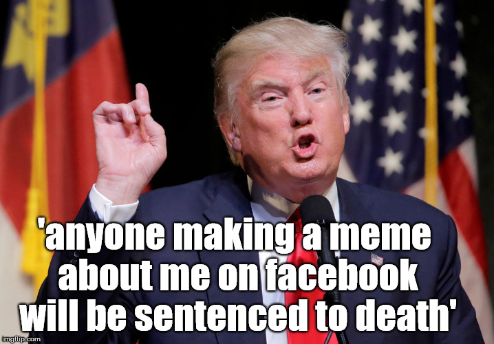 party's over | 'anyone making a meme about me on facebook will be sentenced to death' | image tagged in memes,trump,election 2016,death,funny,facebook | made w/ Imgflip meme maker