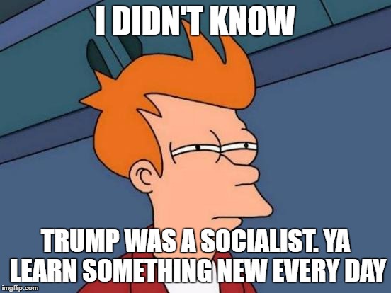 Futurama Fry Meme | I DIDN'T KNOW TRUMP WAS A SOCIALIST. YA LEARN SOMETHING NEW EVERY DAY | image tagged in memes,futurama fry | made w/ Imgflip meme maker