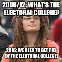 2008/12: WHAT'S THE ELECTORAL COLLEGE? 2016: WE NEED TO GET RID OF THE ELECTORAL COLLEGE! | made w/ Imgflip meme maker