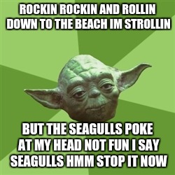 Advice Yoda | ROCKIN ROCKIN AND ROLLIN DOWN TO THE BEACH IM STROLLIN; BUT THE SEAGULLS POKE AT MY HEAD NOT FUN I SAY SEAGULLS HMM STOP IT NOW | image tagged in memes,advice yoda | made w/ Imgflip meme maker