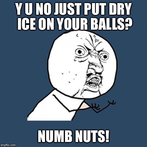 Y U No Meme | Y U NO JUST PUT DRY ICE ON YOUR BALLS? NUMB NUTS! | image tagged in memes,y u no | made w/ Imgflip meme maker
