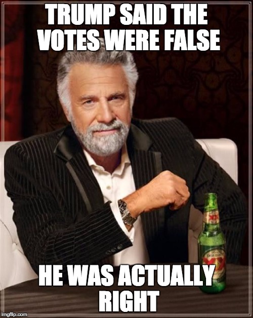 The Most Interesting Man In The World | TRUMP SAID THE VOTES WERE FALSE; HE WAS ACTUALLY RIGHT | image tagged in memes,the most interesting man in the world | made w/ Imgflip meme maker