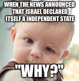 Skeptical Baby Meme | WHEN THE NEWS ANNOUNCED THAT ISRAEL DECLARED ITSELF A INDEPENDENT STATE; "WHY?" | image tagged in memes,skeptical baby | made w/ Imgflip meme maker