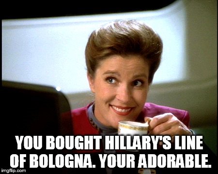 Janeway | YOU BOUGHT HILLARY'S LINE OF BOLOGNA. YOUR ADORABLE. | image tagged in janeway | made w/ Imgflip meme maker