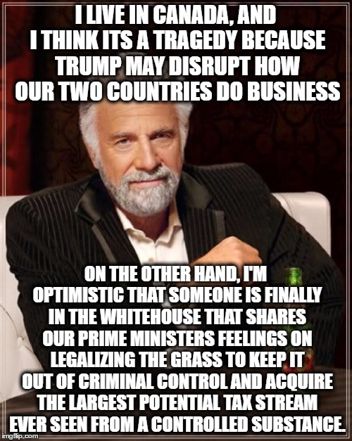 The Most Interesting Man In The World Meme | I LIVE IN CANADA, AND I THINK ITS A TRAGEDY BECAUSE TRUMP MAY DISRUPT HOW OUR TWO COUNTRIES DO BUSINESS ON THE OTHER HAND, I'M OPTIMISTIC TH | image tagged in memes,the most interesting man in the world | made w/ Imgflip meme maker