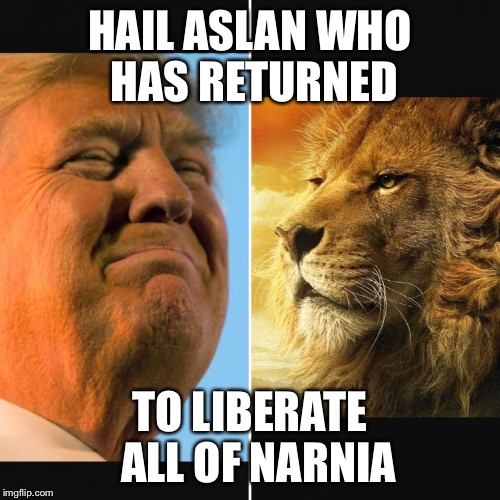 POTUS | HAIL ASLAN
WHO HAS RETURNED; TO LIBERATE 
ALL OF NARNIA | image tagged in memes,donald trump | made w/ Imgflip meme maker