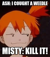 Derp Face Misty | ASH: I COUGHT A WEEDLE; MISTY: KILL IT! | image tagged in derp face misty | made w/ Imgflip meme maker