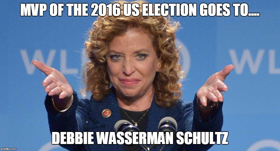 Debbie Wasserman Schultz | MVP OF THE 2016 US ELECTION GOES TO.... DEBBIE WASSERMAN SCHULTZ | image tagged in debbie wasserman schultz | made w/ Imgflip meme maker