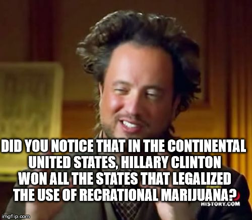 Ancient Aliens | DID YOU NOTICE THAT IN THE CONTINENTAL UNITED STATES, HILLARY CLINTON WON ALL THE STATES THAT LEGALIZED THE USE OF RECRATIONAL MARIJUANA? | image tagged in memes,ancient aliens | made w/ Imgflip meme maker