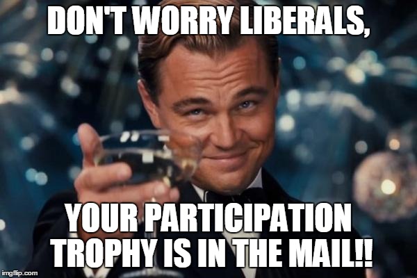 Leonardo Dicaprio Cheers Meme | DON'T WORRY LIBERALS, YOUR PARTICIPATION TROPHY IS IN THE MAIL!! | image tagged in memes,leonardo dicaprio cheers | made w/ Imgflip meme maker