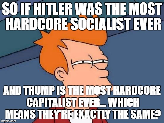 Futurama Fry Meme | SO IF HITLER WAS THE MOST HARDCORE SOCIALIST EVER AND TRUMP IS THE MOST HARDCORE CAPITALIST EVER... WHICH MEANS THEY'RE EXACTLY THE SAME? | image tagged in memes,futurama fry | made w/ Imgflip meme maker