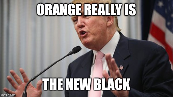 Trump Huge | ORANGE REALLY IS; THE NEW BLACK | image tagged in trump huge | made w/ Imgflip meme maker
